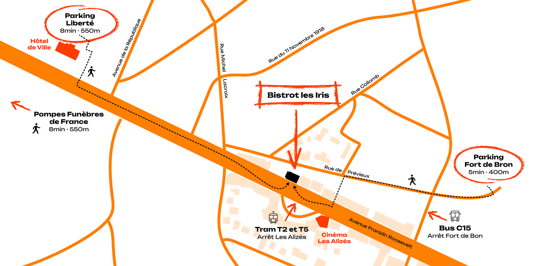 Carte des accès et des parkings à proximité du Bistrot les Iris à Bron